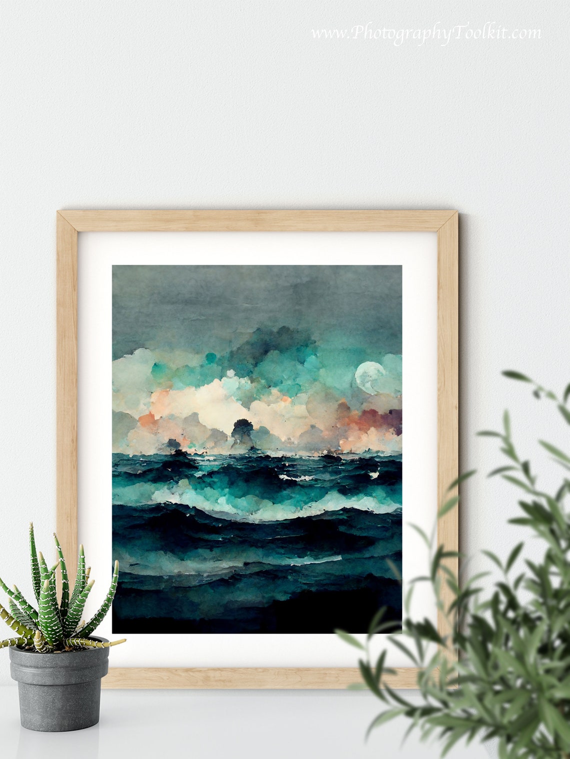 Turquoise Ocean Waves Moonlit Clouds Watercolor Coastal Art Poster - Image 5