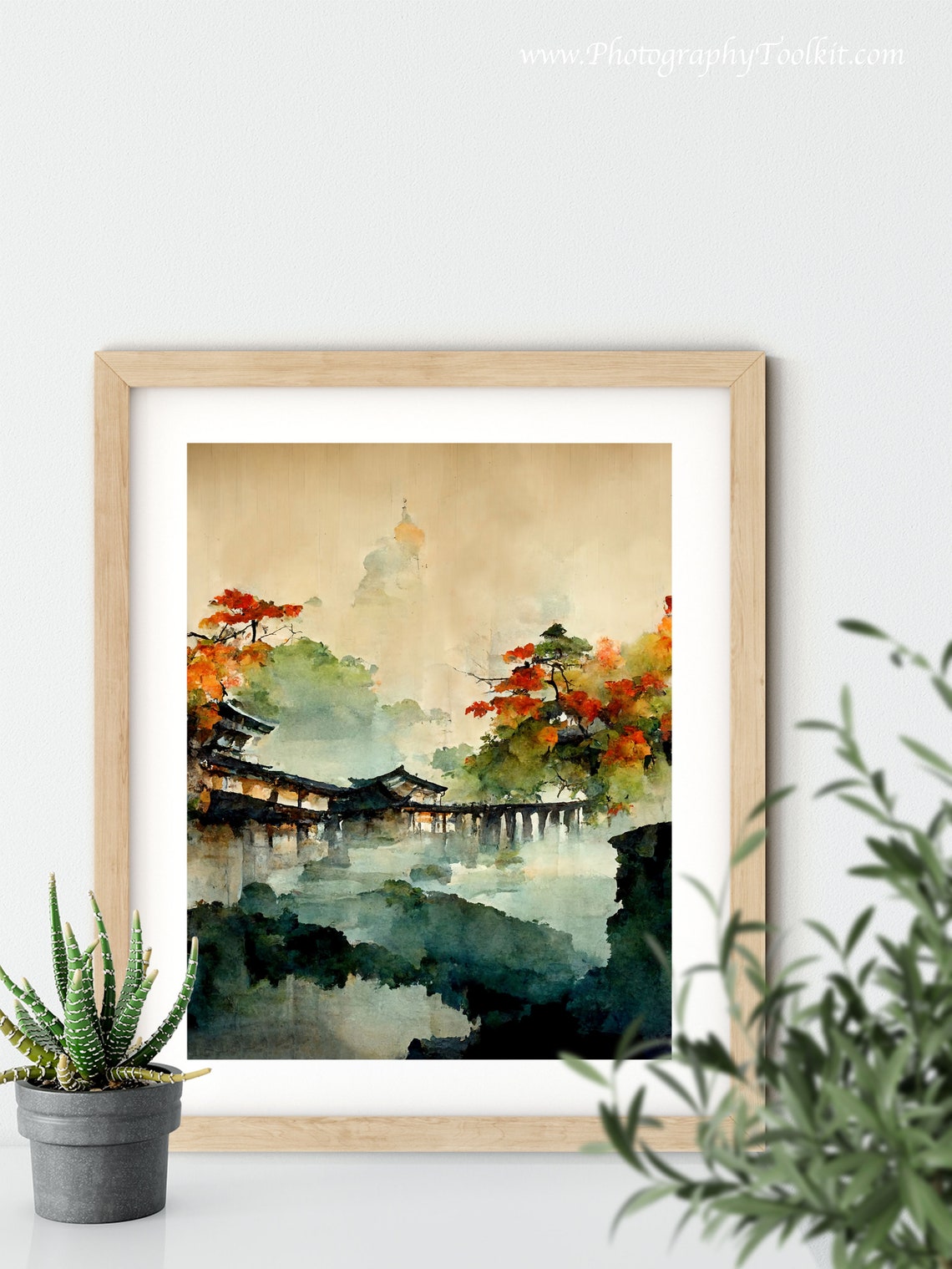 Serene Japanese Temple Autumn Lake Watercolor Scenic Travel Poster - Image 5