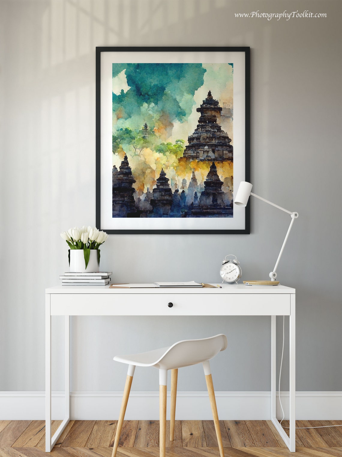 Borobudur Buddhist Temple Stone Stupas Teal Sky Watercolor Poster - Image 2