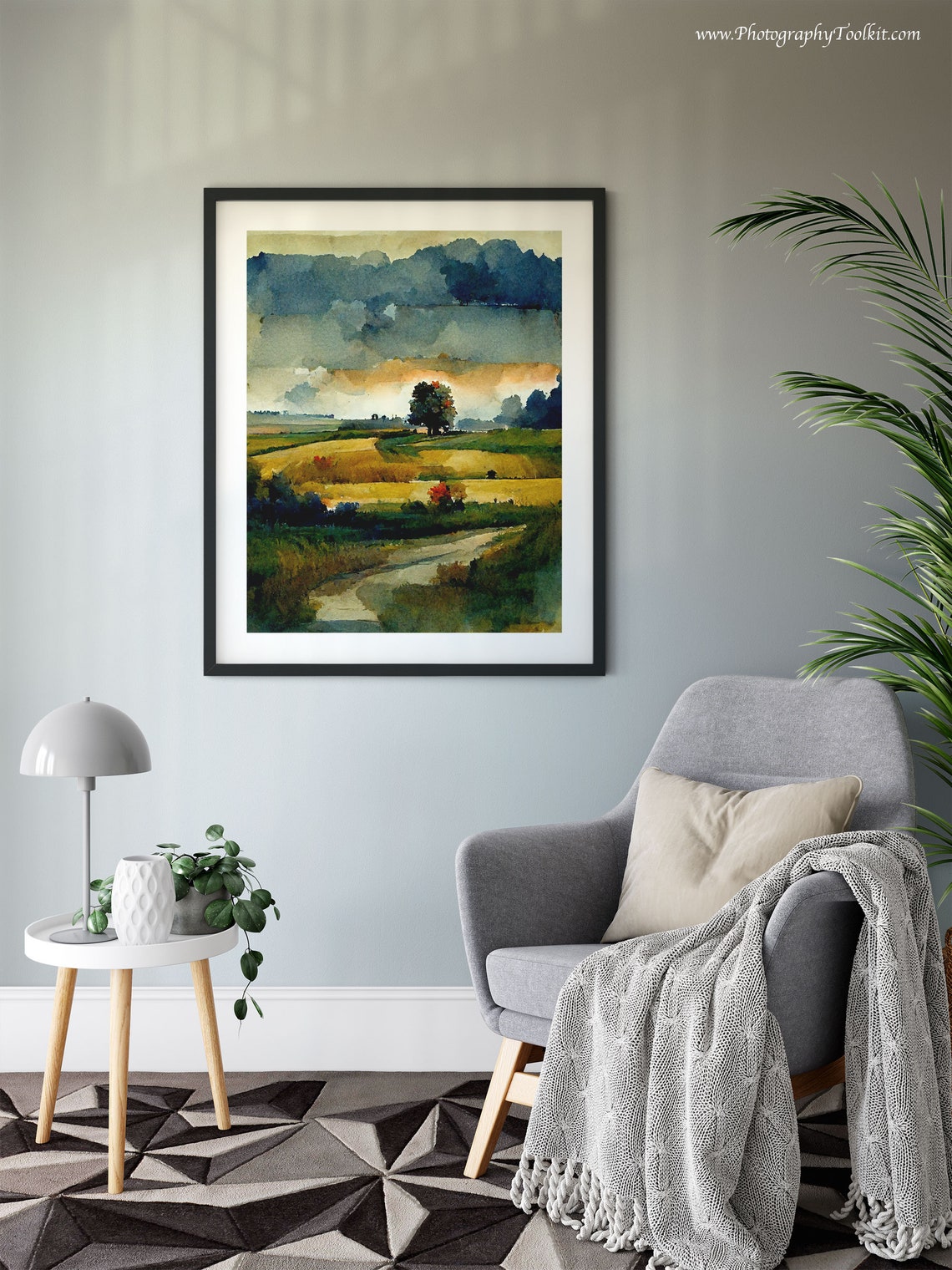 Lone Tree Winding Path Golden Field Stormy Sky Nature Art Poster - Image 6