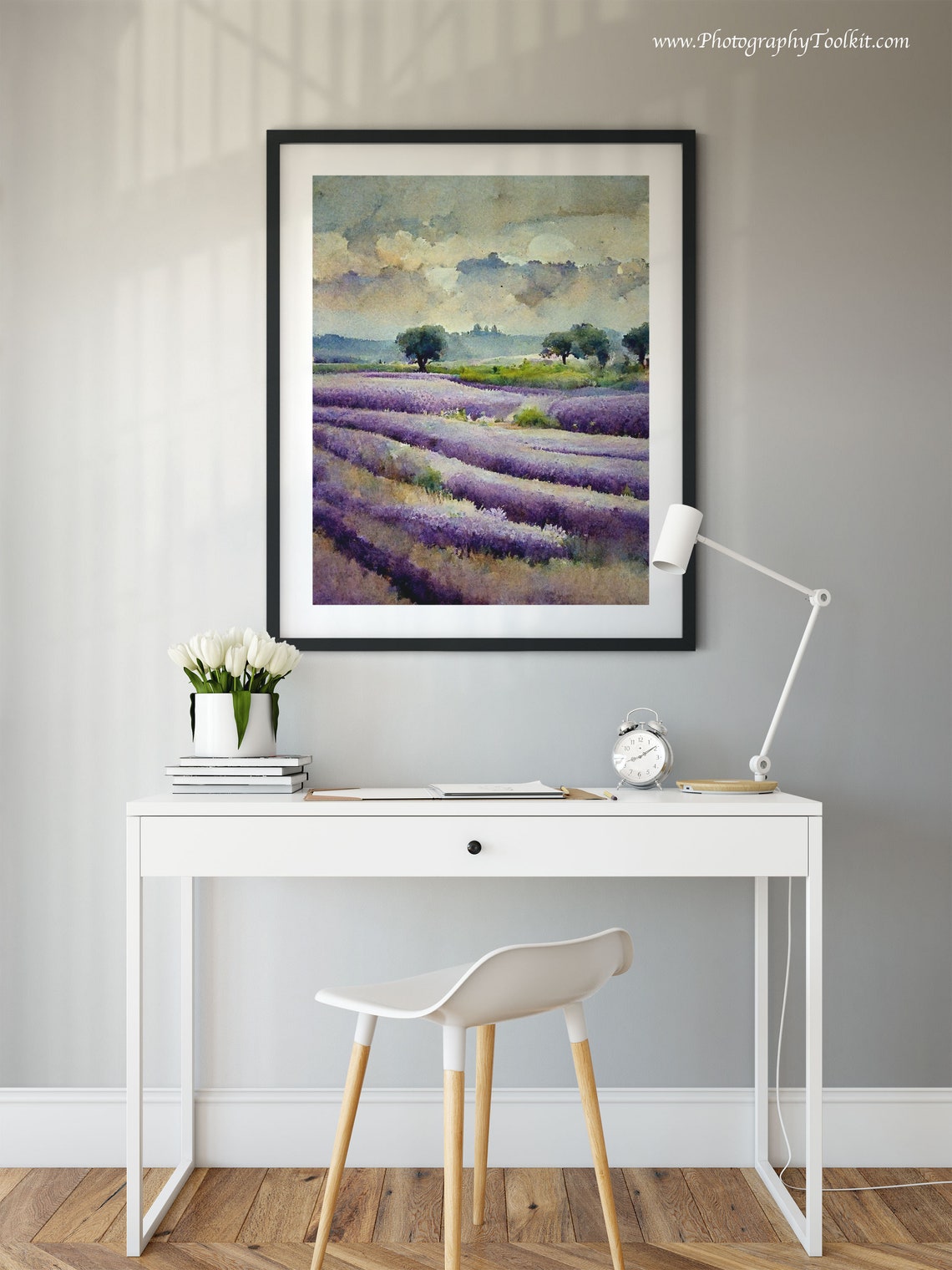 Lavender Field Rows Beneath a Cloudy Moonlit Sky Watercolor Poster - Image 2