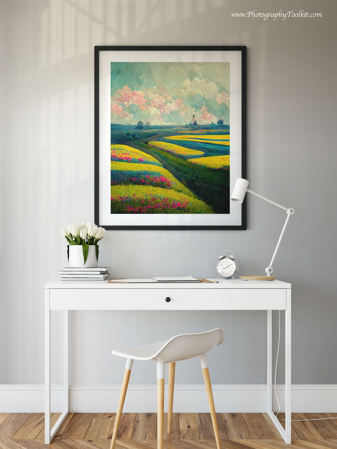 Yellow and Pink Flower Fields Under Blossom Clouds Impressionist Poster - Image 2