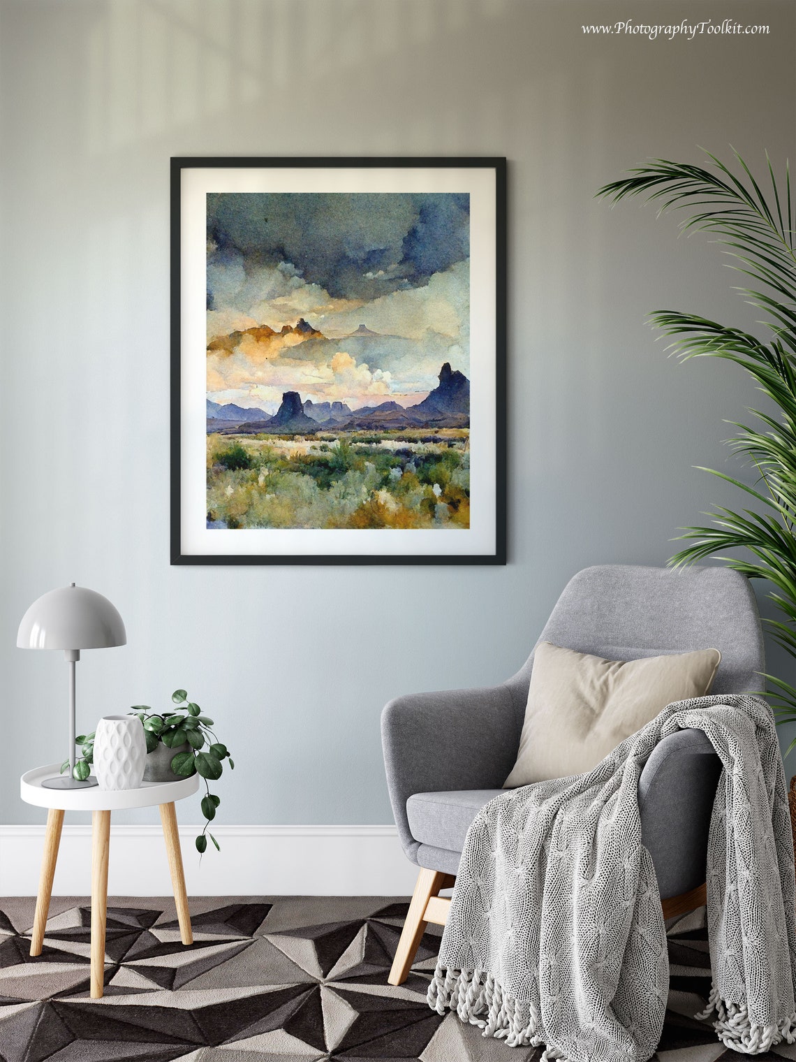 Desert Canyon Landscape Watercolor Buttes Under Cloudy Sky Poster - Image 6