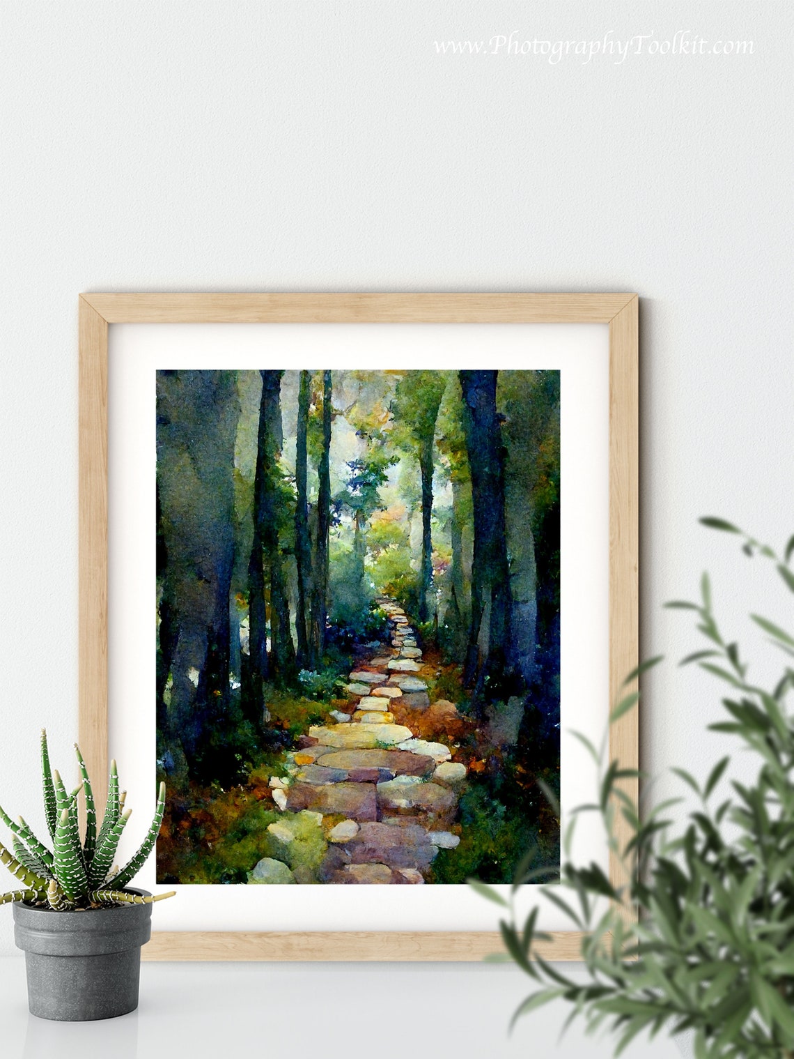 Sunlit Forest Path Watercolor Stone Steps Through Green Trees Poster - Image 5
