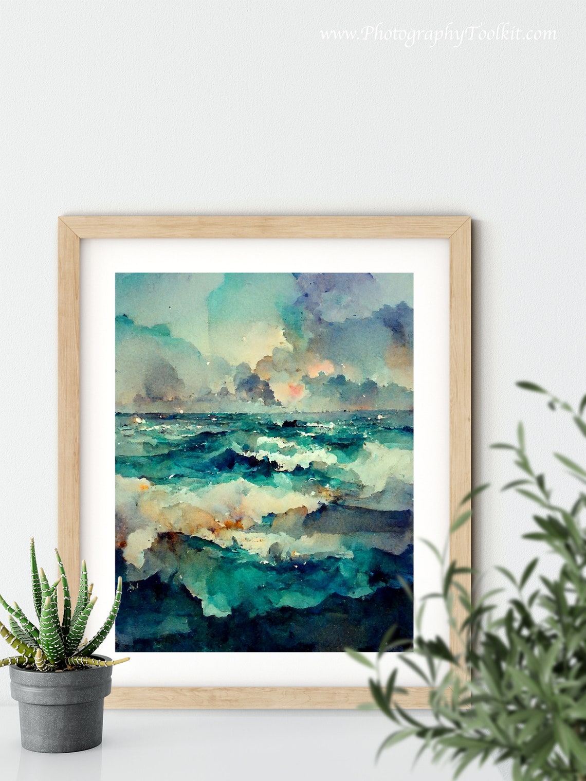 Turquoise Ocean Waves Sunset Clouds Watercolor Dramatic Sea Poster - Image 5