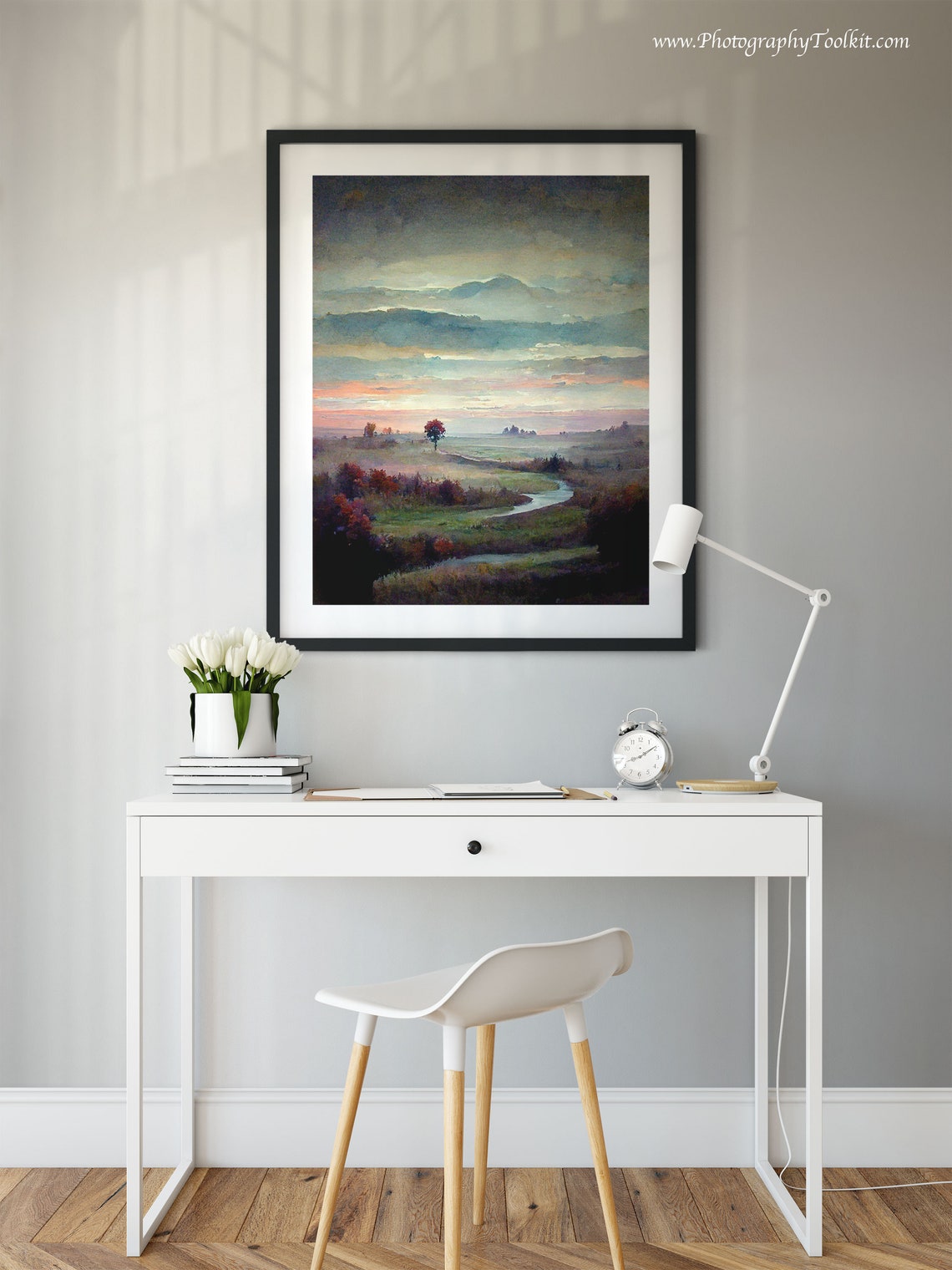 River Valley Sunset Watercolor Rolling Hills Landscape Poster - Image 2