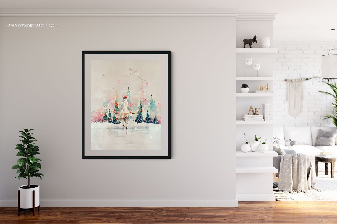 Woman Ice Skating Winter Christmas Art Print - Image 4