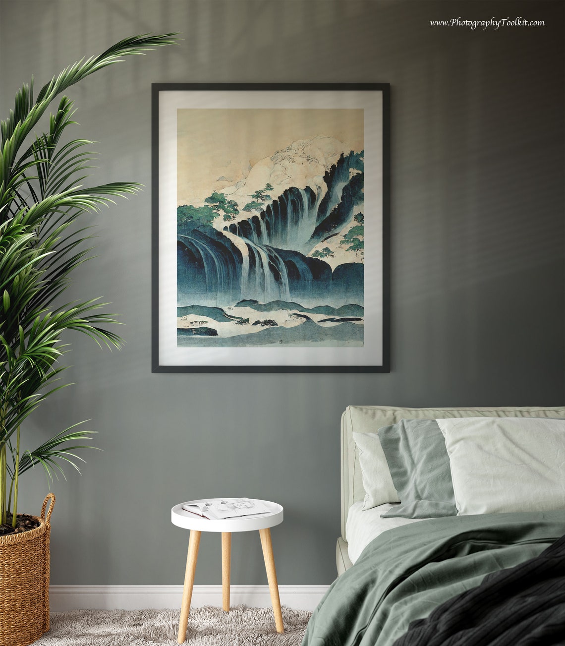 Japanese Style Waterfalls Cascading Over Dark Cliffs Woodblock Poster - Image 3