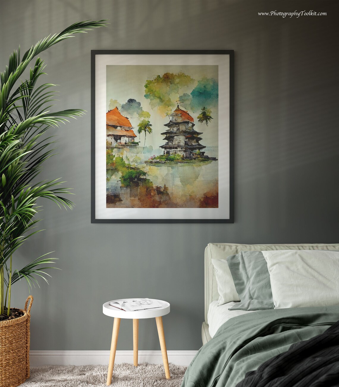 Balinese Temple Tropical Palms Lakeside Watercolor Indonesia Poster - Image 3