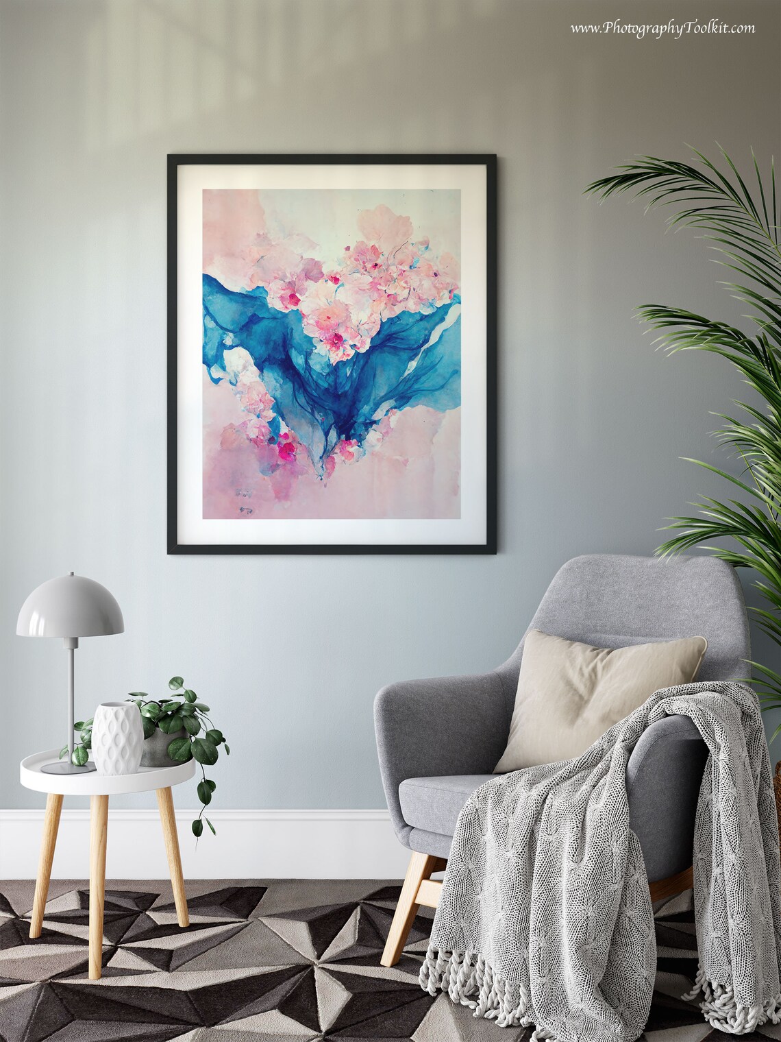 Abstract Blue Ink Pink Blossoms Fluid Watercolor Modern Art Poster - Image 6