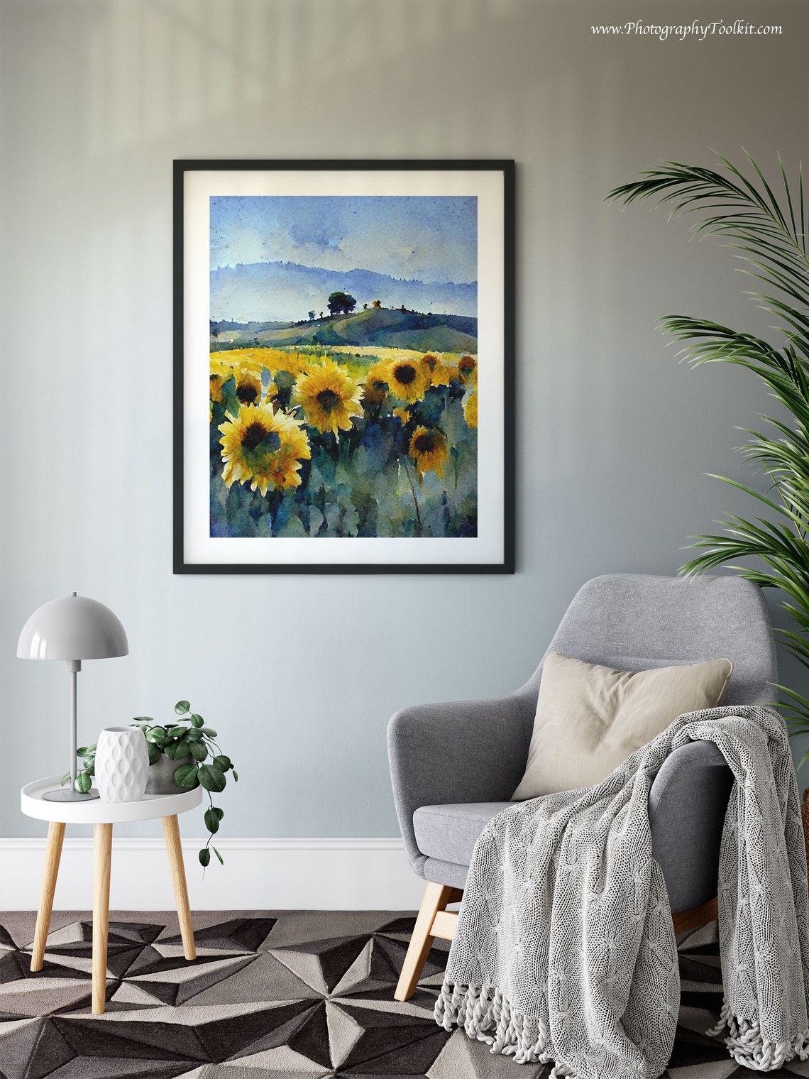 Sunflower Field Blue Hills Watercolor Summer Floral Meadow Poster - Image 6