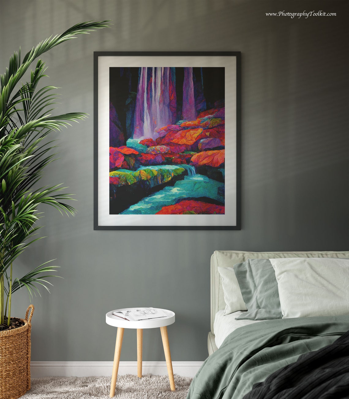 Neon Waterfall Over Colorful Rocks in Bold Abstract Painting Poster - Image 3