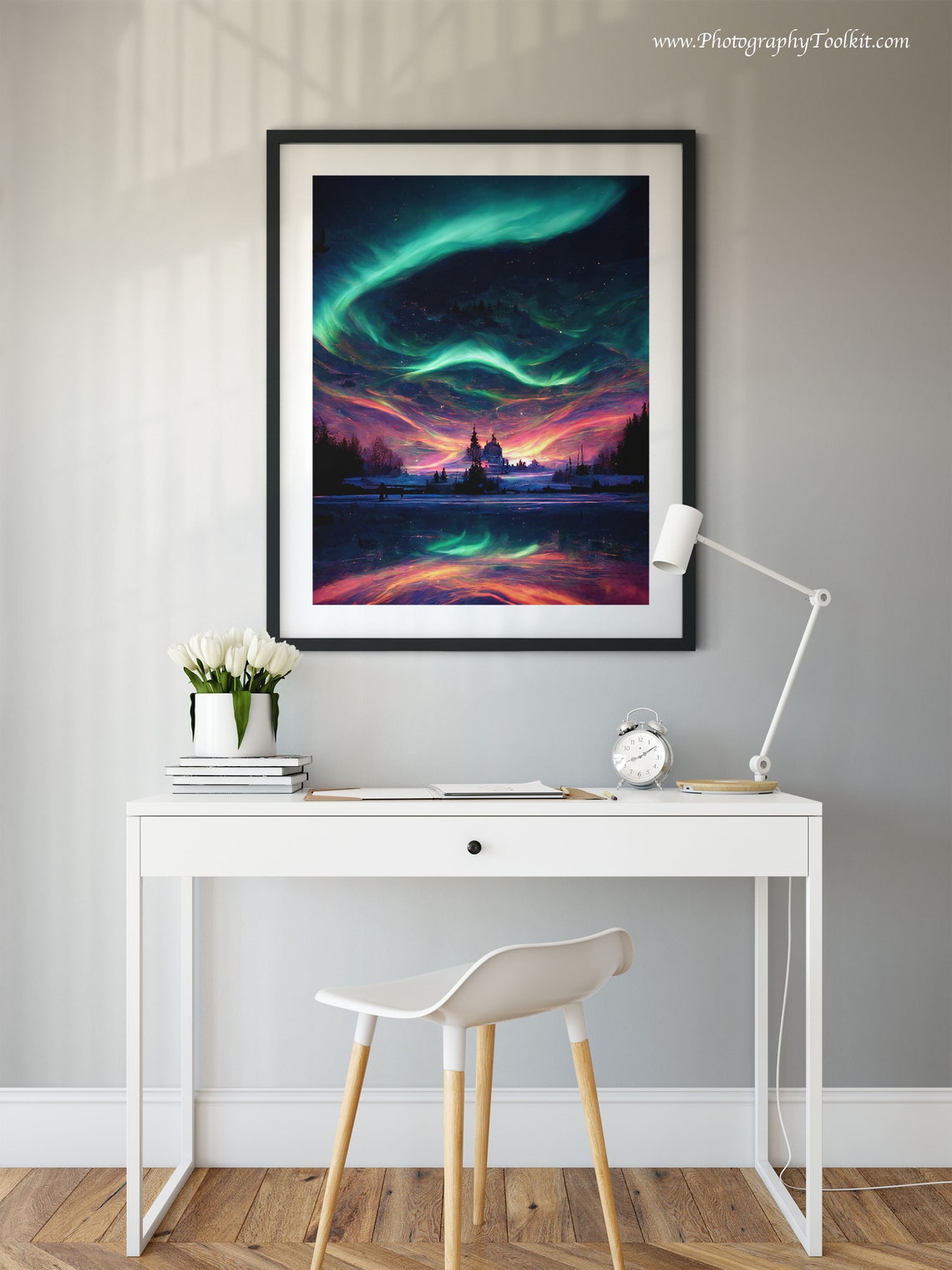 Aurora Borealis Green Lights Frozen Lake Night Sky Nature Poster - Image 2