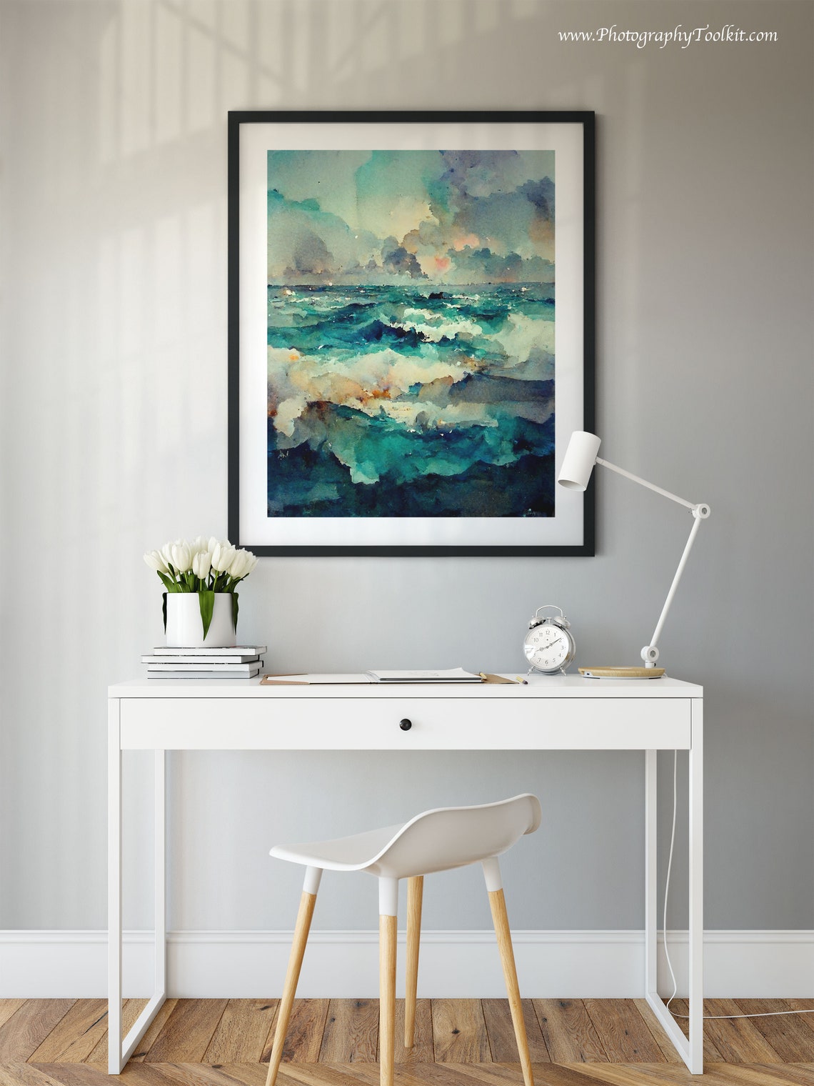 Turquoise Ocean Waves Sunset Clouds Watercolor Dramatic Sea Poster - Image 2