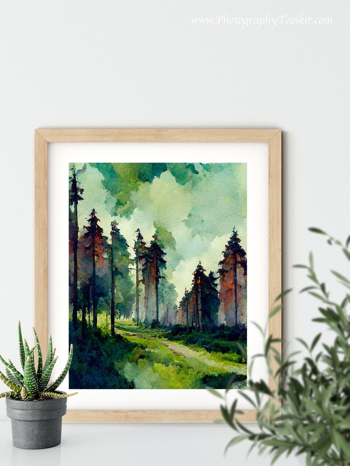 Tall Pine Trees Misty Woodland Trail Serene Watercolor Poster - Image 5