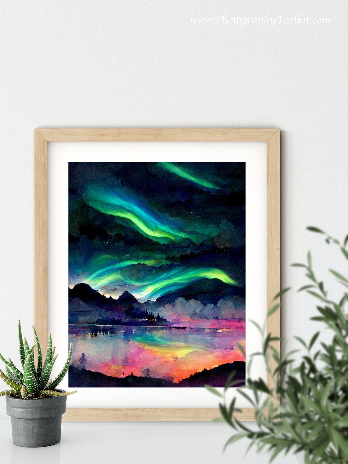 Aurora Borealis Mountain Lake Night Sky Watercolor Scenic Poster - Image 5