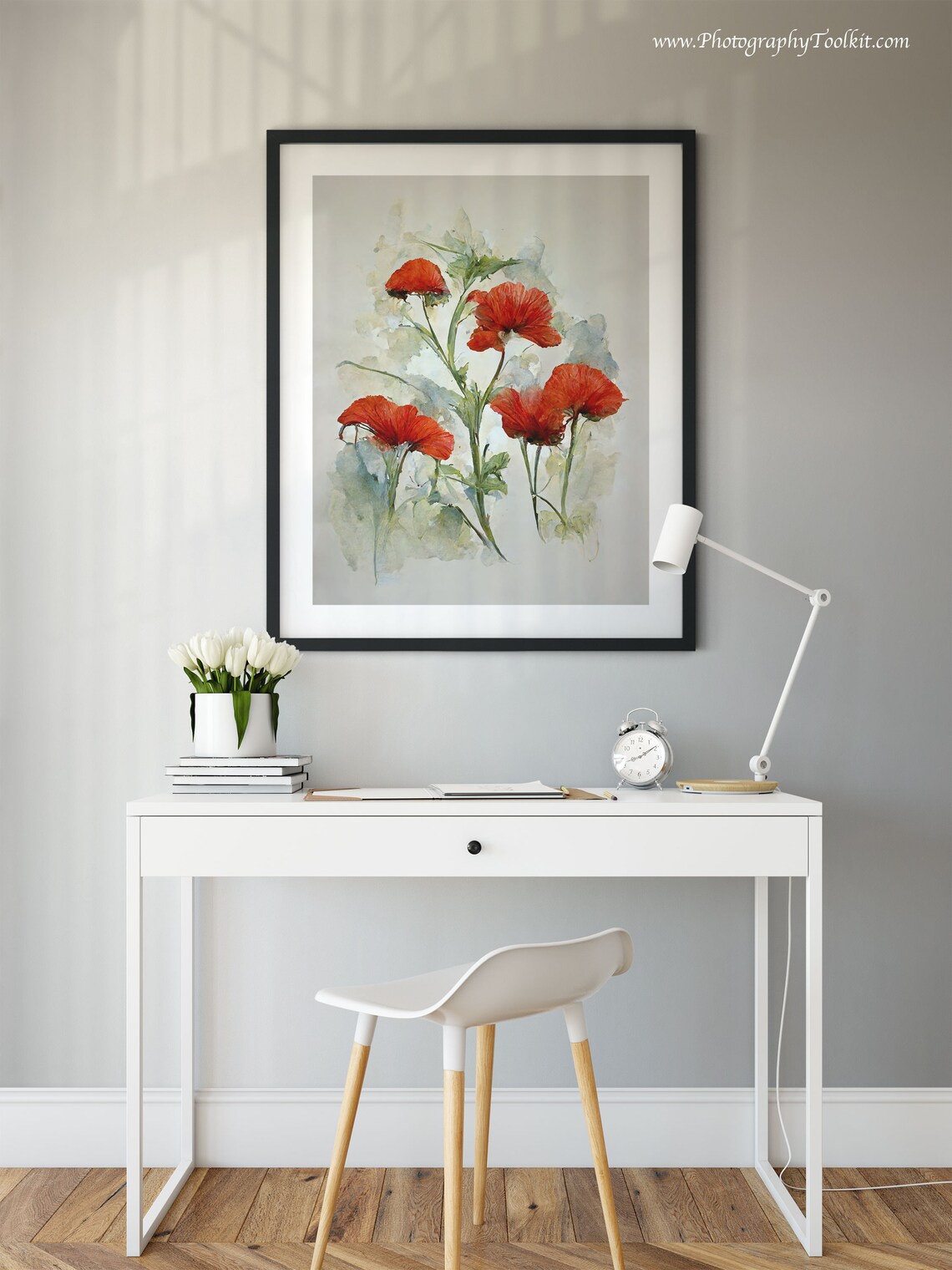 Red Poppy Blooms Watercolor Floral Spray Gray Wash Art Poster - Image 2