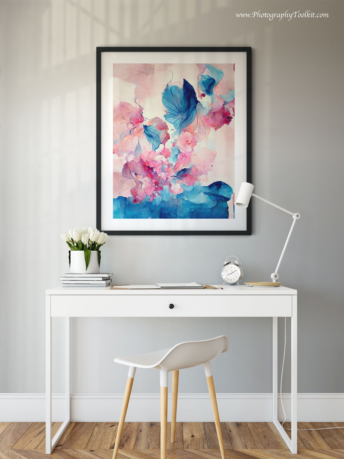 Pink Blossom Abstract Blue Ink Wash Watercolor Dreamy Floral Poster - Image 2