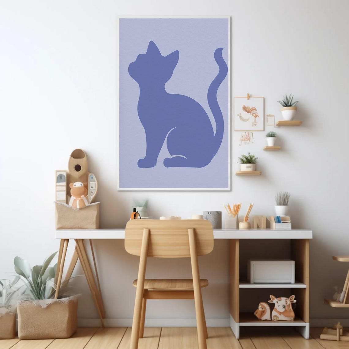 Periwinkle Blue Cat Silhouette Minimalist Animal Room Wall Art - Image 3