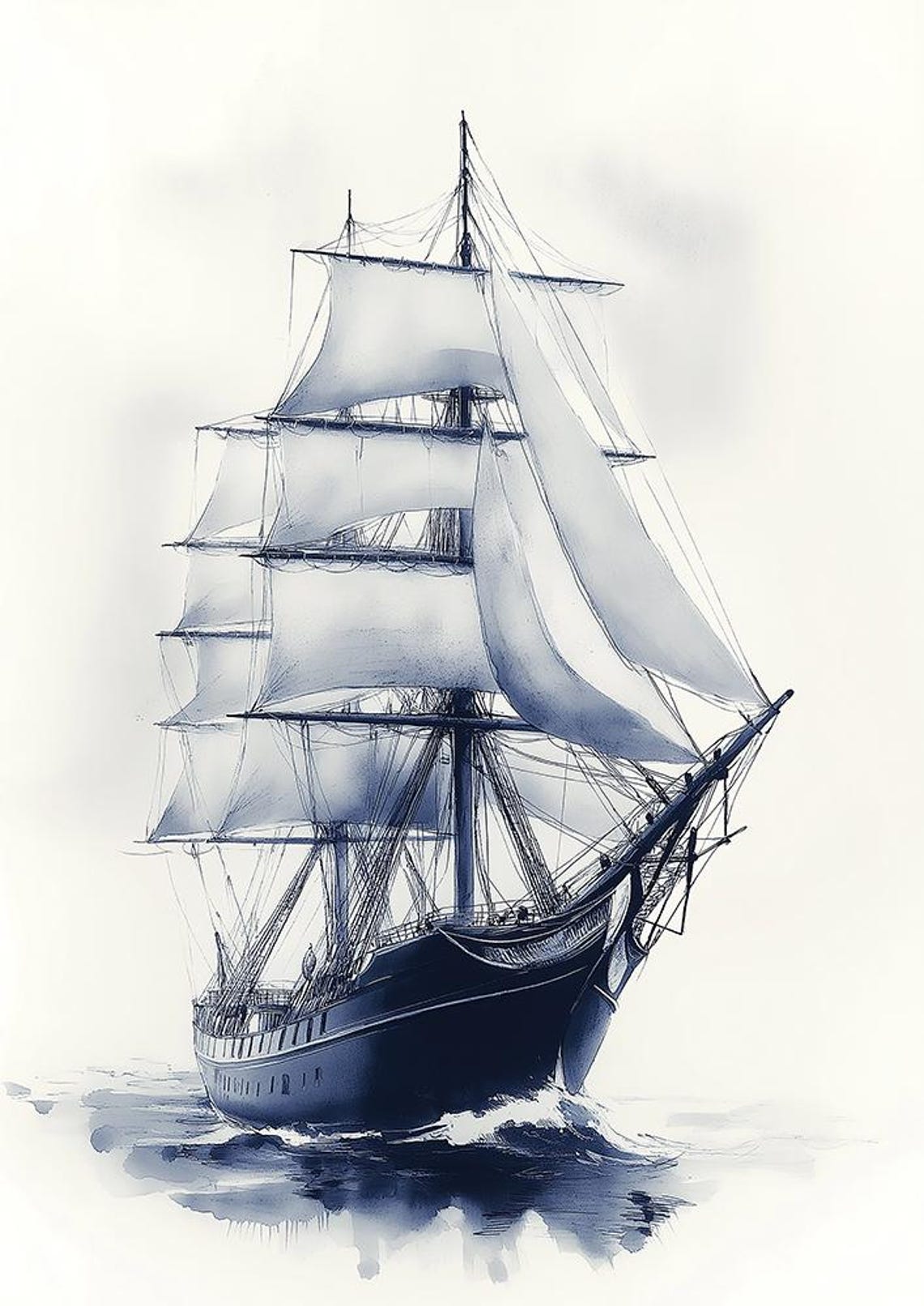 Tall Ship with White Sails in Blue Ink Watercolor Seascape Poster - Image 4