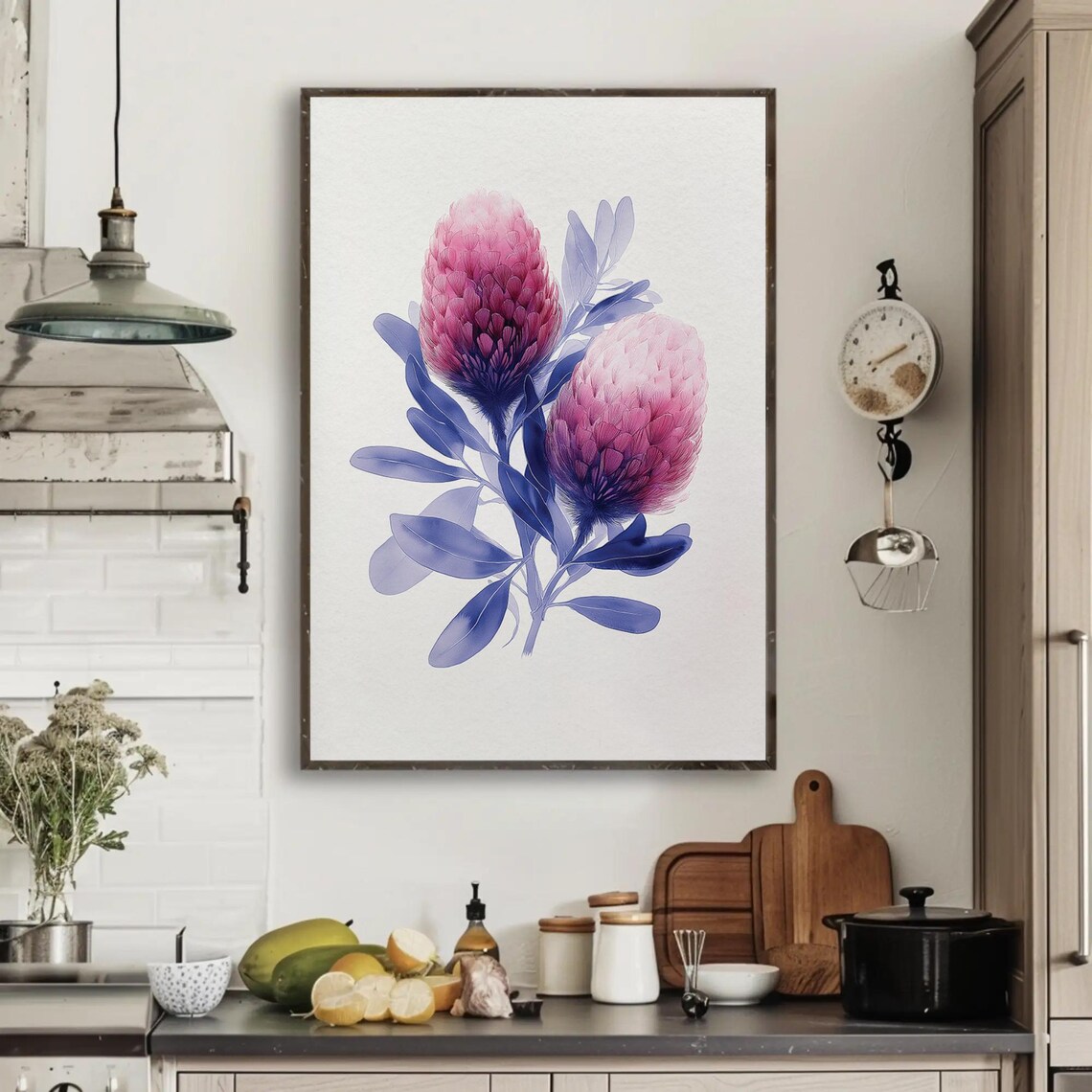 Pink Banksia Blossoms with Blue Leaves Watercolor Botanical Poster
