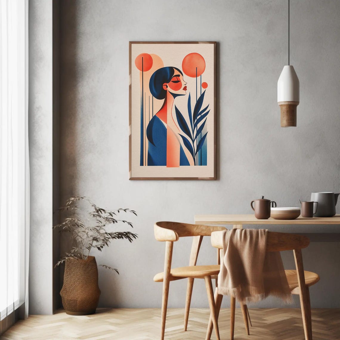 Mid Century Woman Profile Orange Sun Navy Illustration Poster