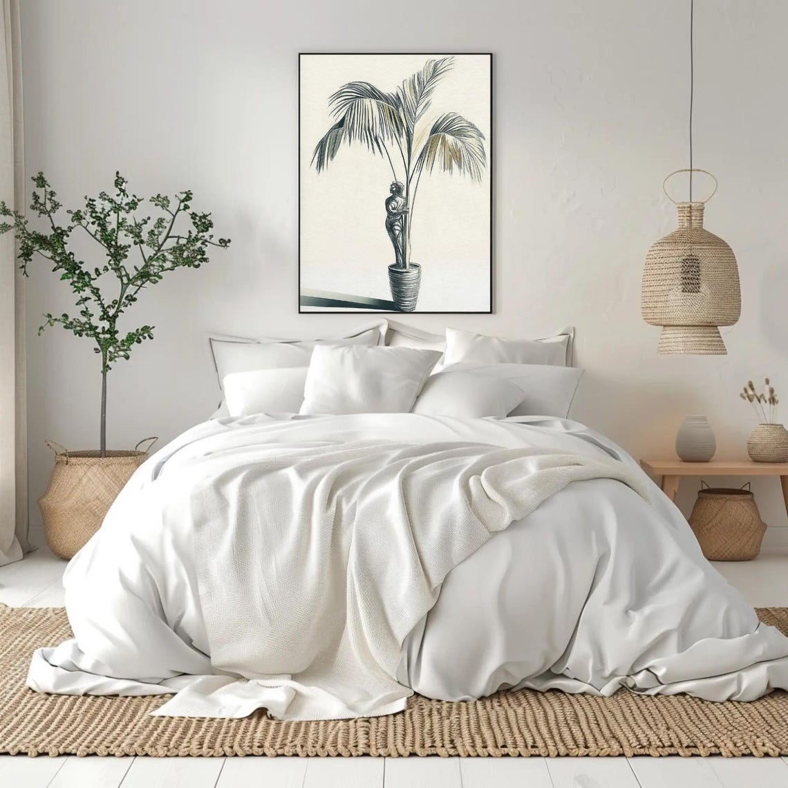 Classical Statue Beside a Palm Tree Detailed Pencil Sketch Poster