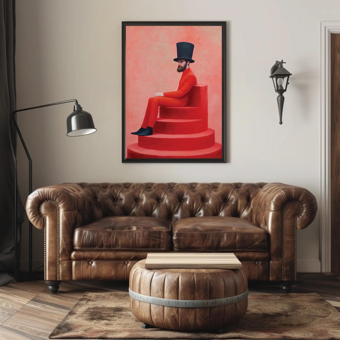Eccentric Gentleman in Red Suit and Black Top Hat Surreal Poster