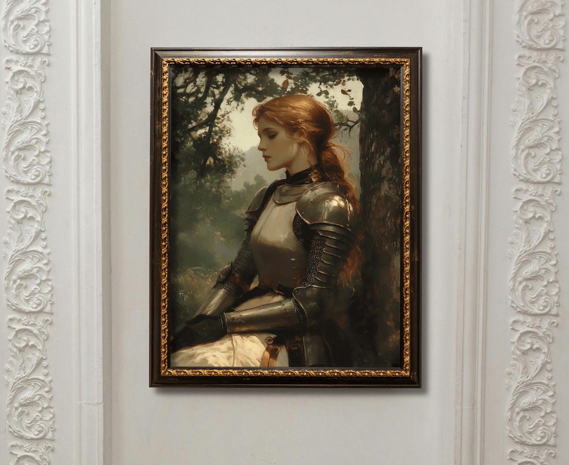 Armored Lady Knight Resting Against Ancient Tree In Forest Wall Art - Image 2