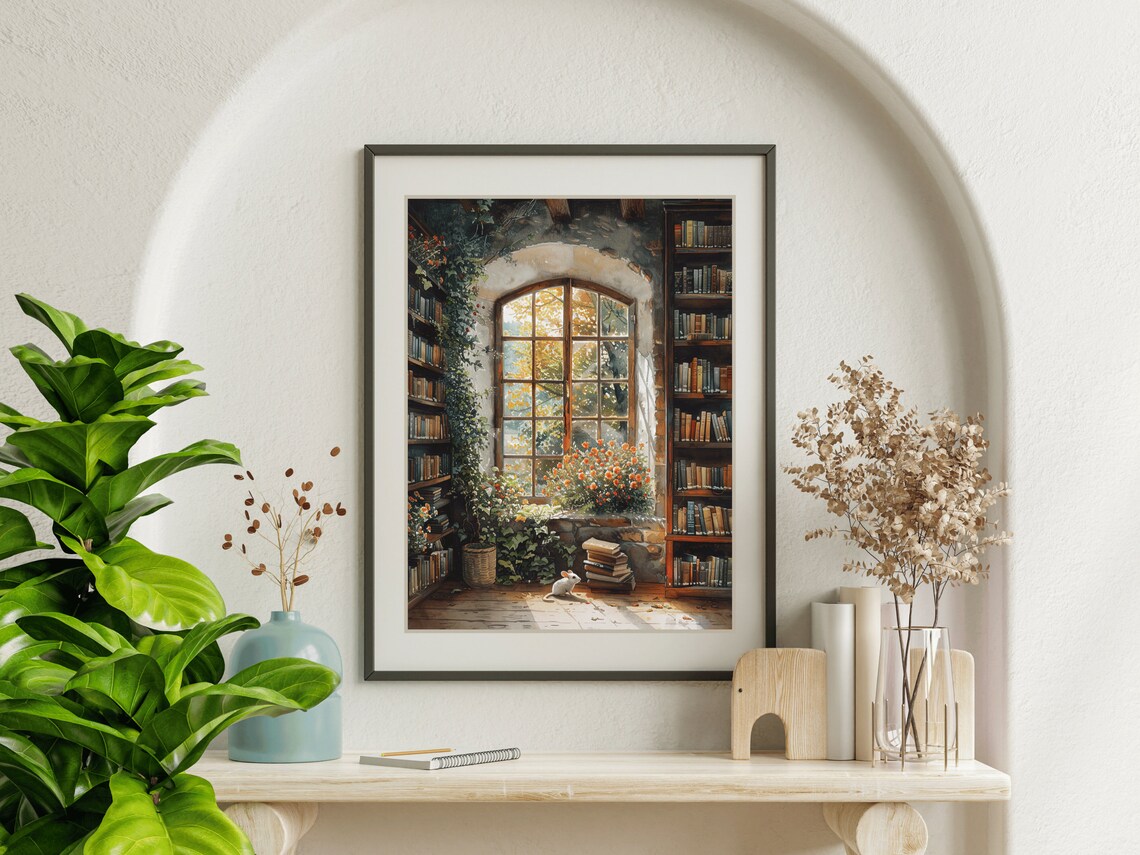 White Mouse Cottage Library Arched Window Stone Wall Bookish Painting Poster - Image 4