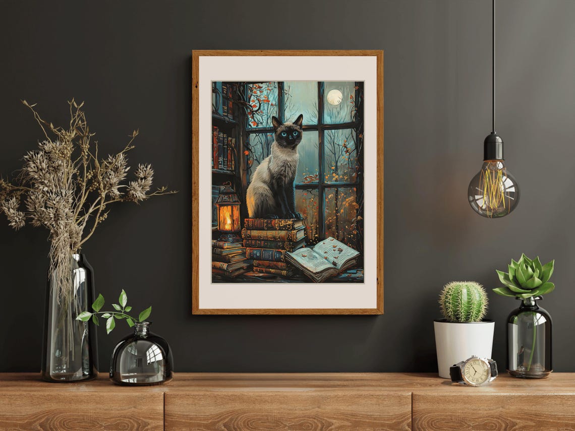 Siamese Cat On Stacked Books By A Moonlit Library Window Poster - Image 4