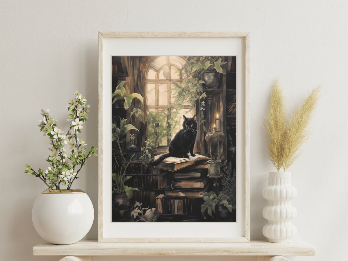 Black Cat Open Book Plant Filled Library Window Candle Cat Painting Poster - Image 2