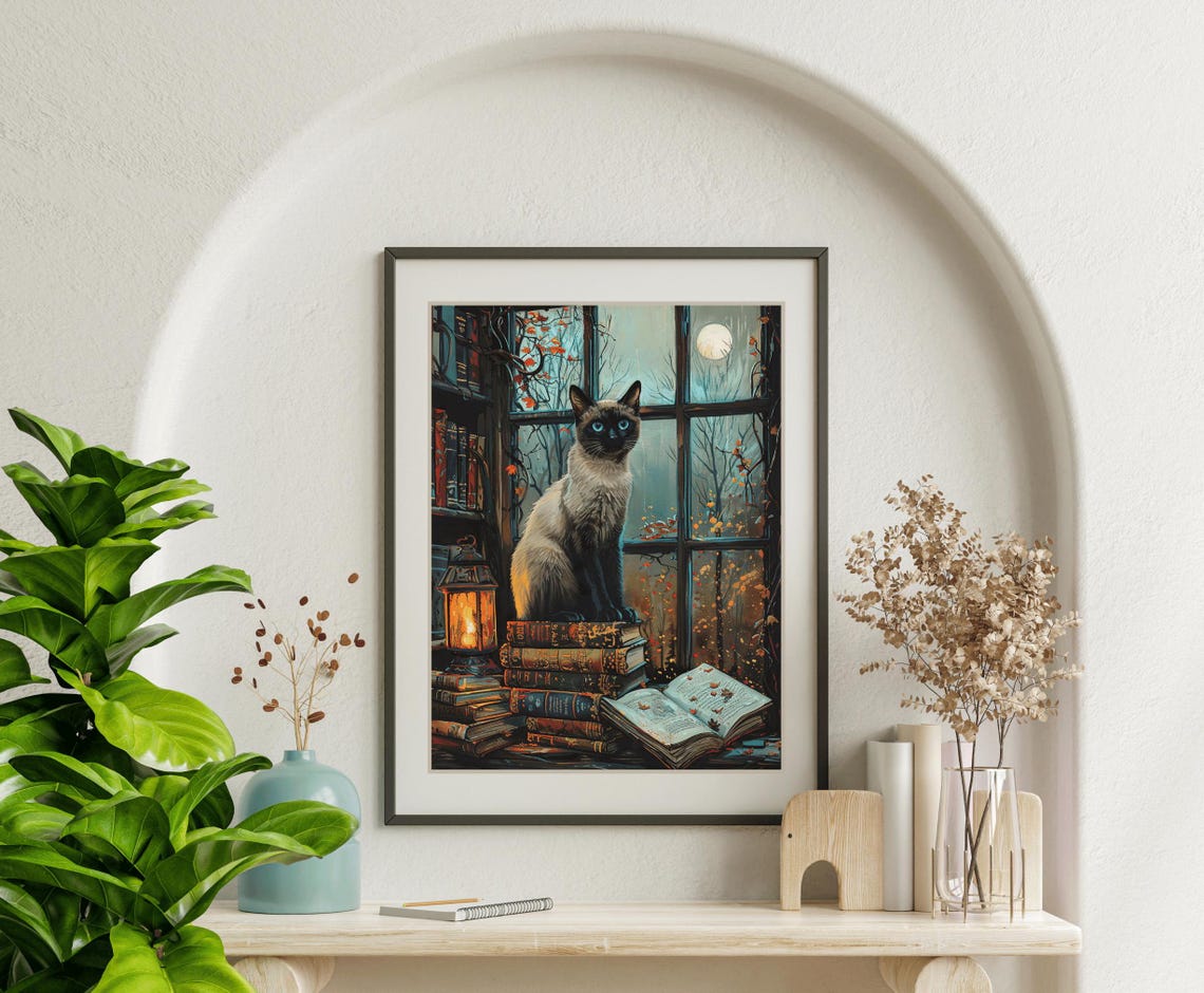 Siamese Cat On Stacked Books By A Moonlit Library Window Poster - Image 2
