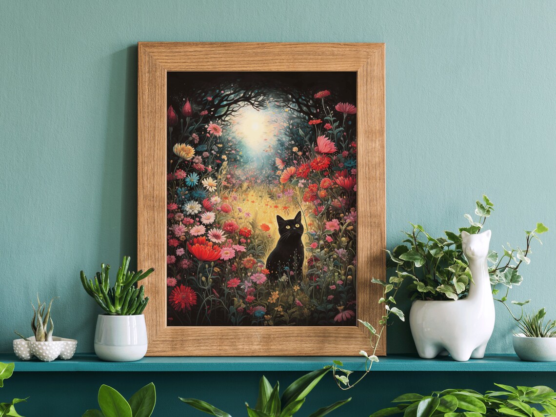 Black Cat Moonlit Wildflower Meadow Night Glow Magical Cat Painting Poster - Image 5