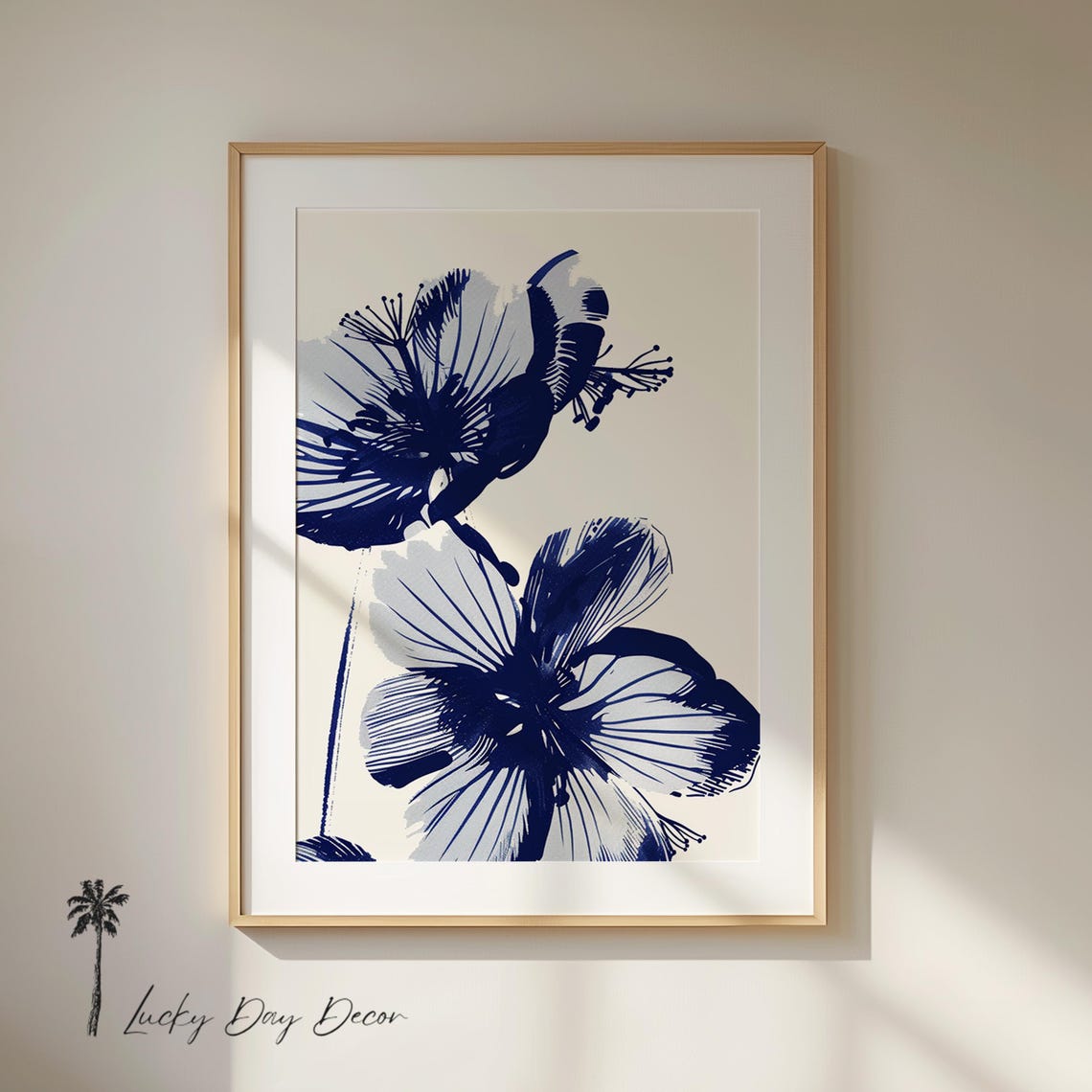 Navy Blue Floral Blooms Minimalist Ink Sketch Style Art Poster