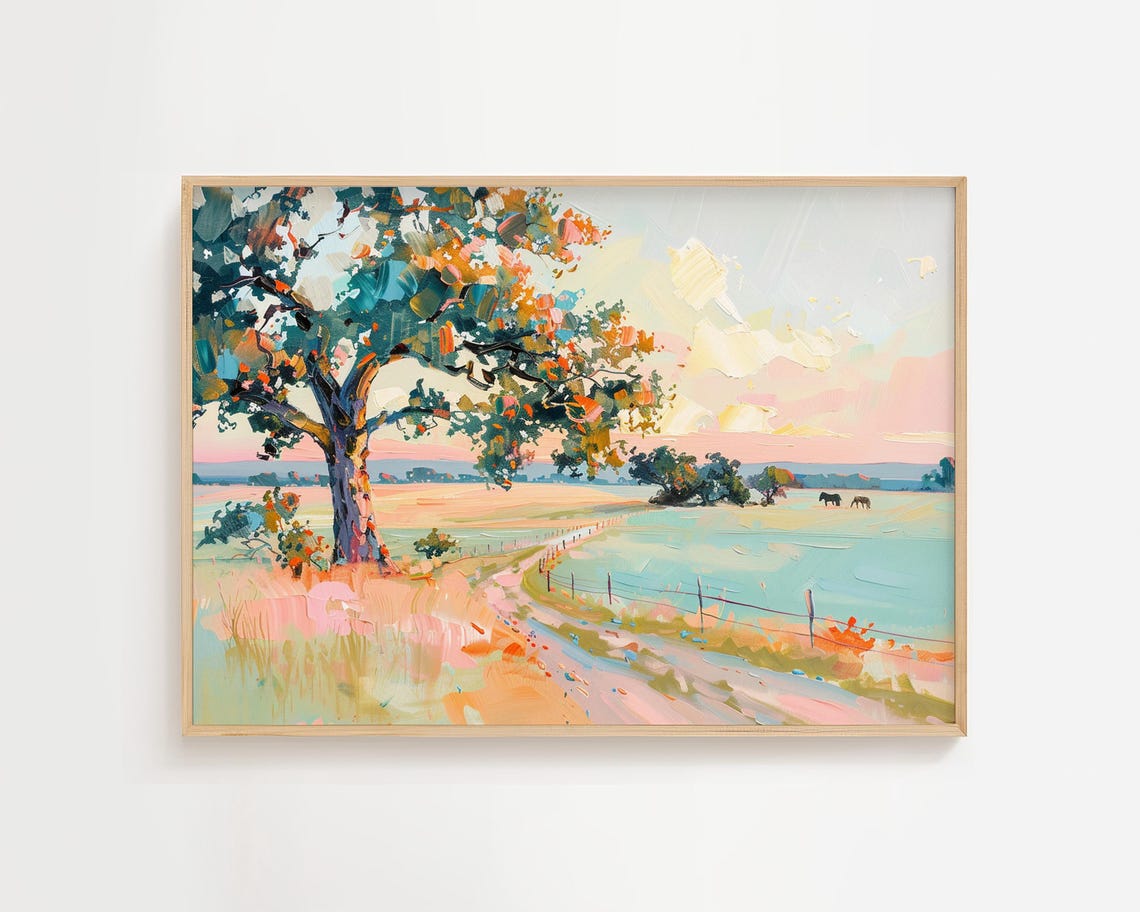 Kentucky Countryside Painting Colorful Pastel Field Art Scenic Horse Landscape Print Watercolor Acrylic Farm House Wall Decor