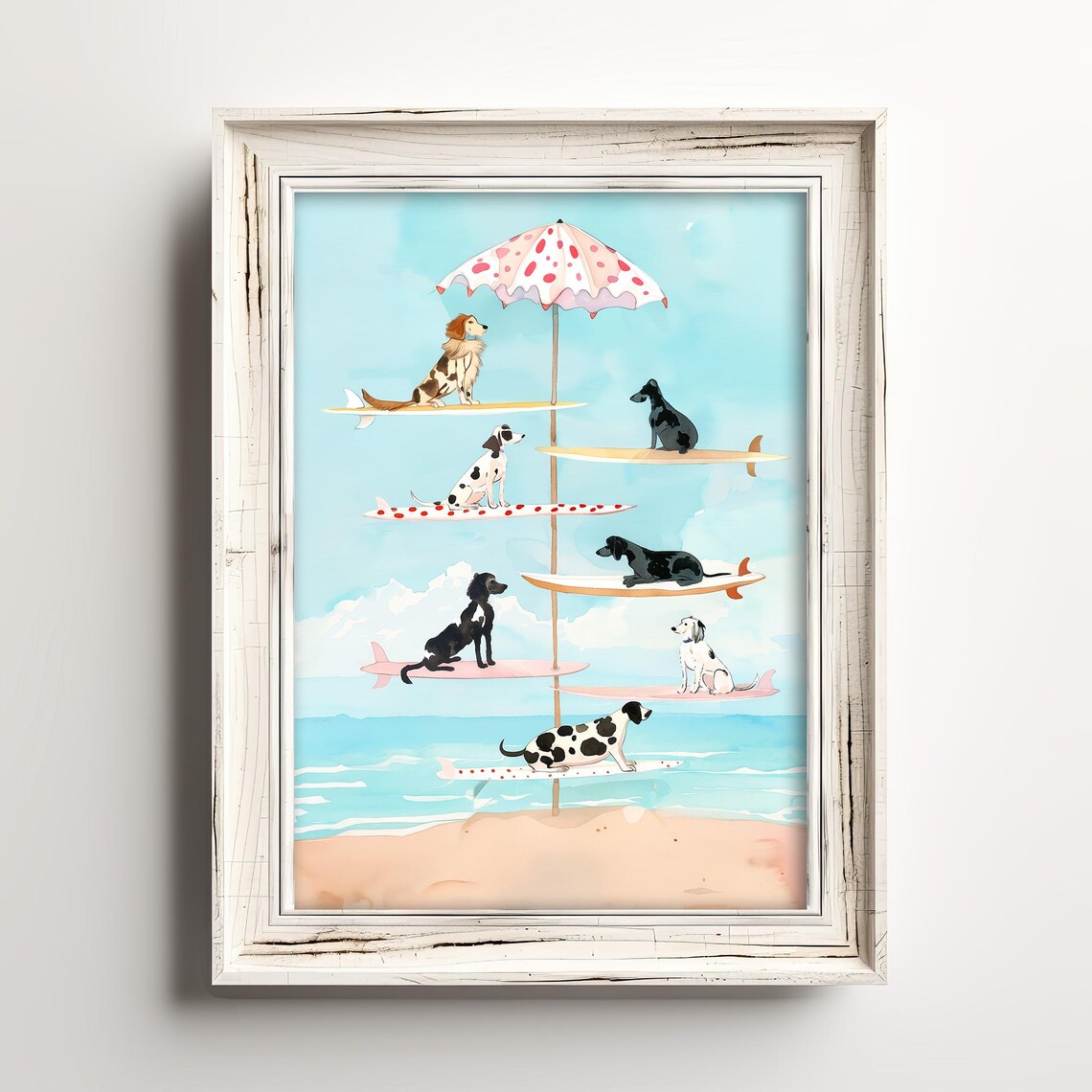 Cute Dogs Balancing on Surfboards Beach Umbrella Watercolor Poster