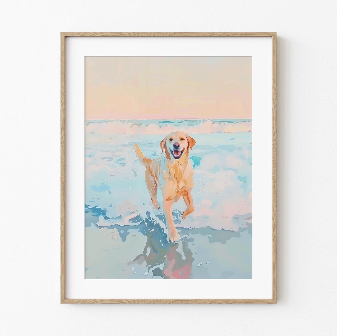Happy Golden Retriever Playing in Ocean Surf Pastel Art Poster