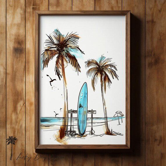 Blue Surfboard Between Palm Trees Vintage Beach Sketch Poster