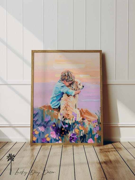 Golden Doodle Boy Seaside Coastal Nursery Boys Room Art Best Friends Pastel Painting Lovable Dog Artwork Colorful Pink Watercolor