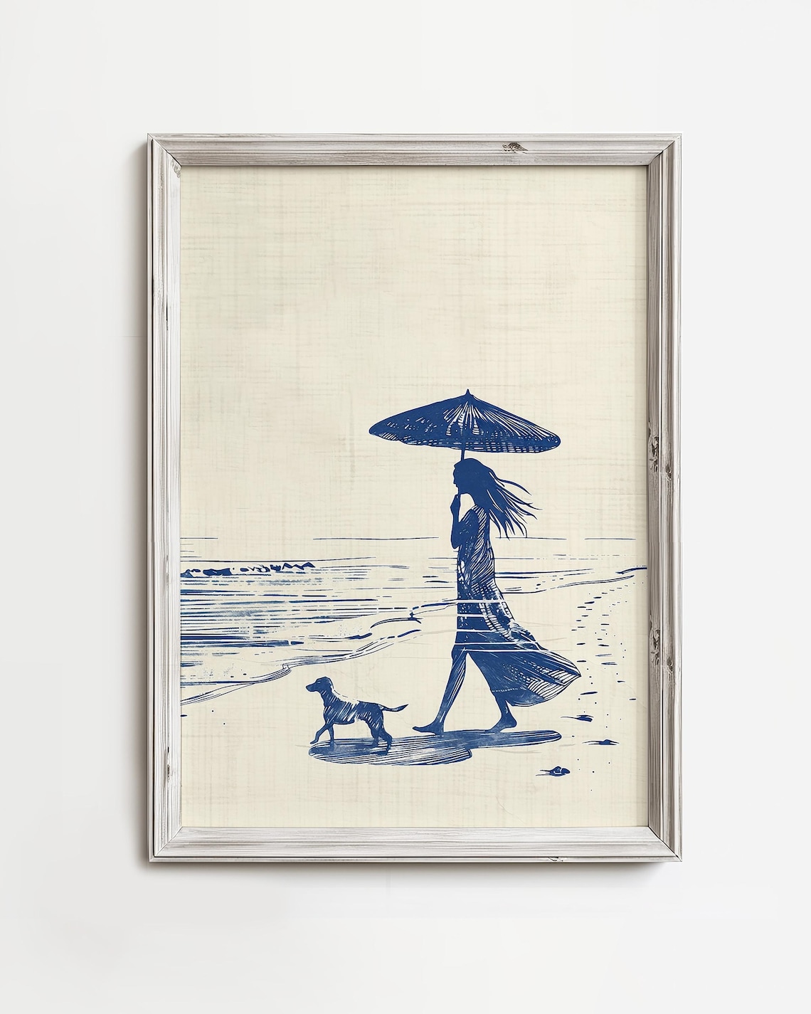 Woman with Parasol Walking Dog Beach Blue Ink Sketch Coastal Poster