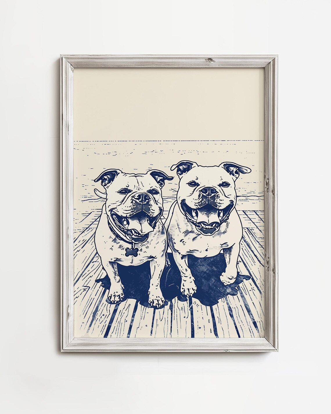 Twin English Bulldogs Smiling Navy Ink Sketch Happy Dog Art Poster