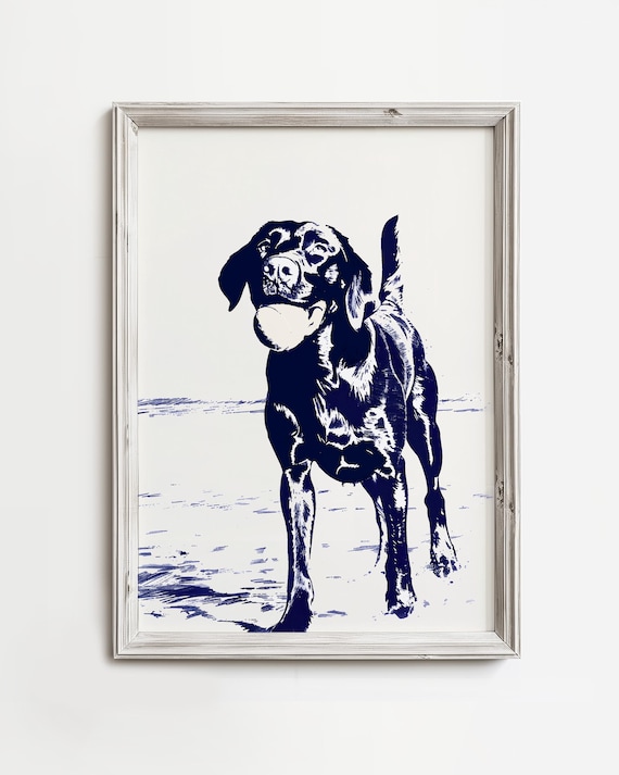 Happy Labrador Fetching Tennis Ball Navy Ink Summer Beach Dog Poster