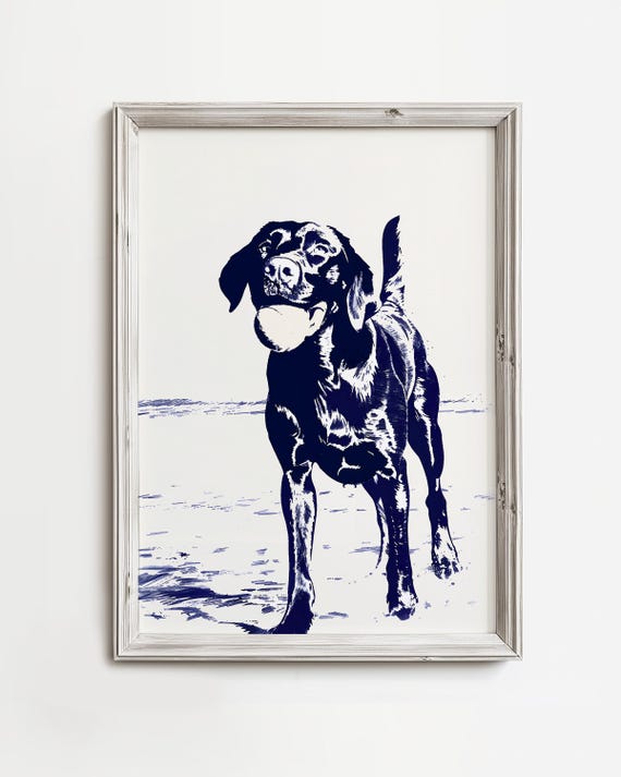 Labrador Fetches Tennis Ball Summertime Dog Art Coastal Home Cottage Decor Fun Waterdog Print Navy Blue Sketch Lover