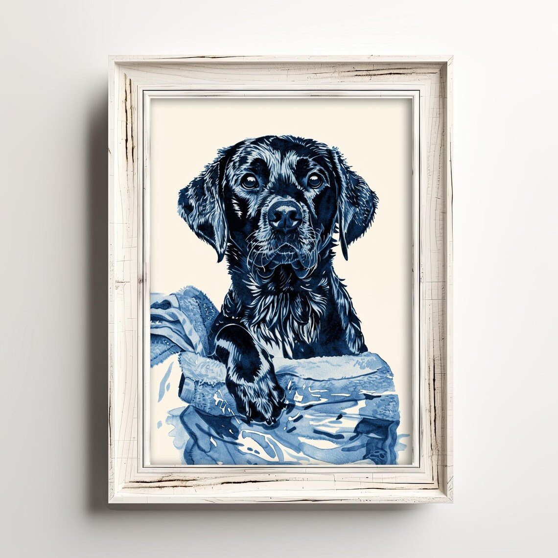 Soaked Black Labrador Puppy Bath Time Blue Ink Watercolor Poster