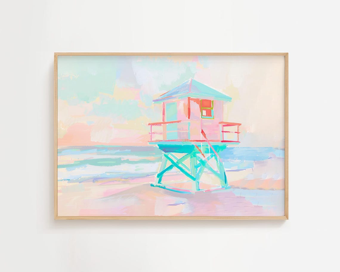 Pastel Lifeguard Tower Beach Sunset Soft Watercolor Ocean Poster