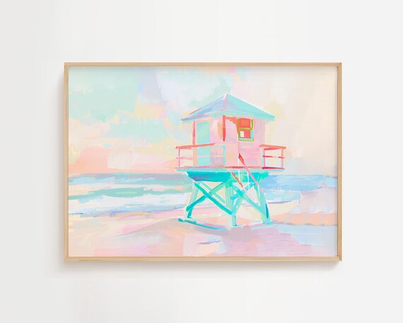 Pastel Lifeguard Tower Beach Sunset Soft Watercolor Ocean Poster