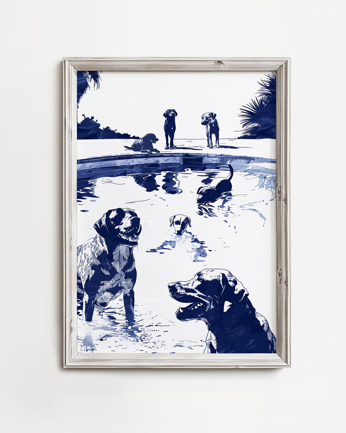 Whimsical Dogs Pool Party Blue Ink Sketch Swimming Summer Poster