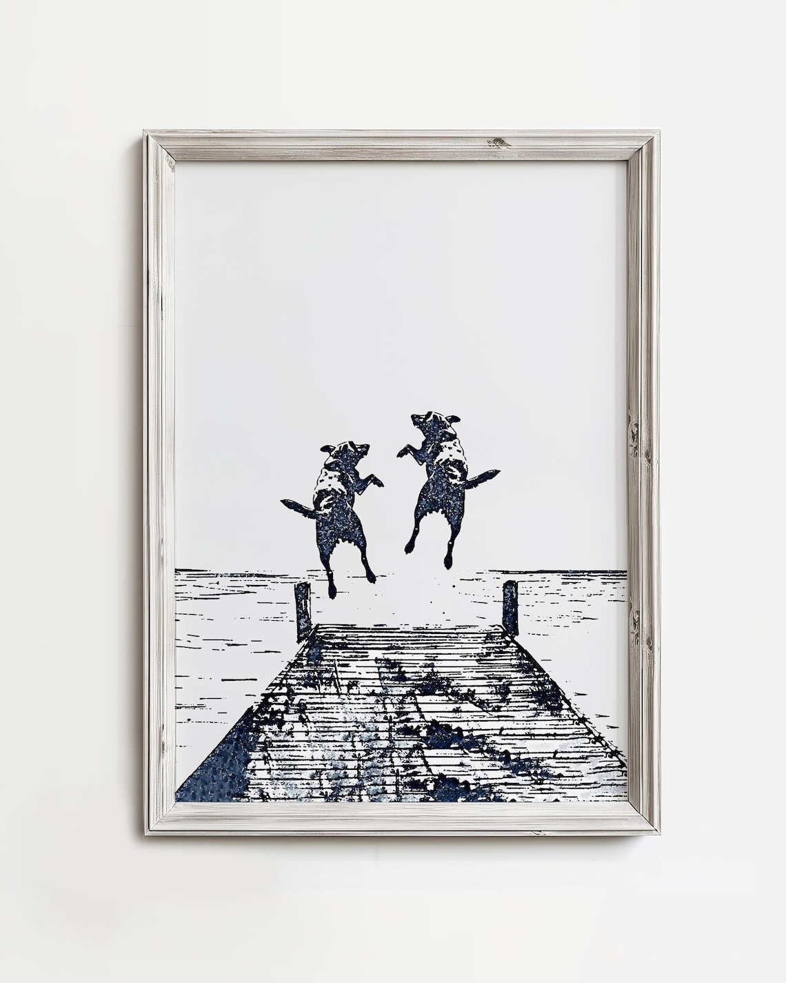 Two Happy Dogs Dock Jump Coastal Dog Art Print