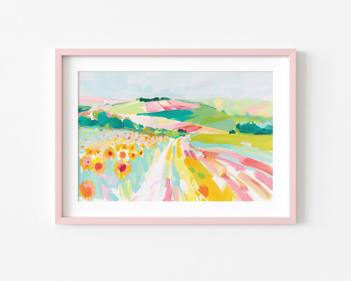 Abstract Sunflower Path Colorful Spring Fields Pastel Countryside Art Scenic Flowering Landscape Vibrant Blue Yellow Girly Nature